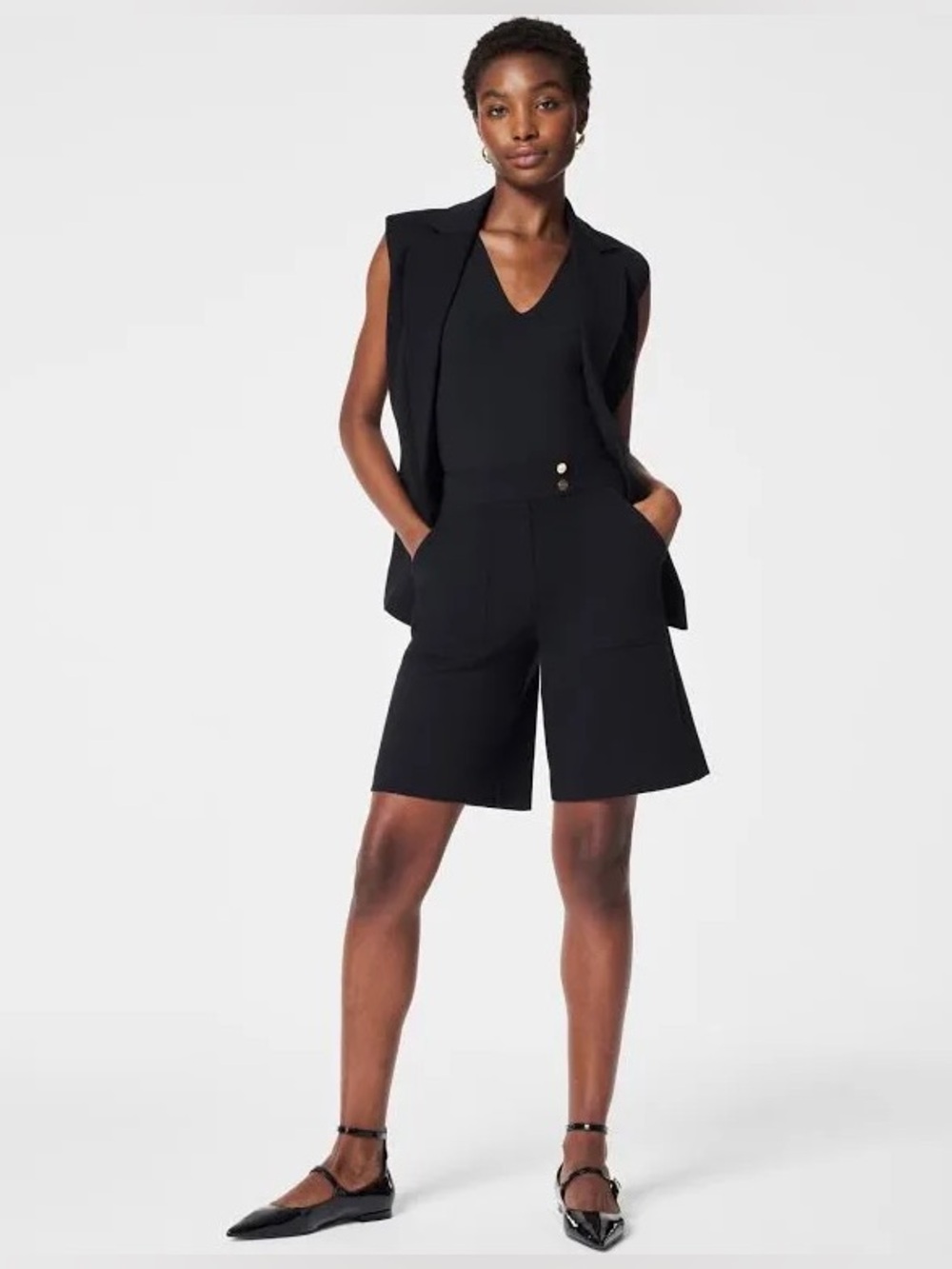 SPANX Black Ponte Button-Tab Bermuda Shorts in classic black